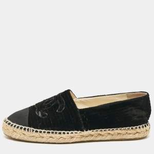 Pre Owned Chanel Black Velvet and Canvas Cap Toe CC Espadrille Flats Size 38