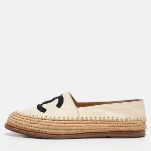 Chanel Beige/Black Leather and Raffia CC Espadrille Flats Size 37