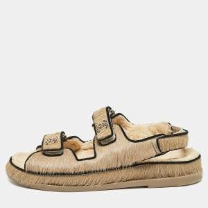 Chanel Brown Calf Hair and Shearling Fur Dad Slingback Sandals Size 40.5