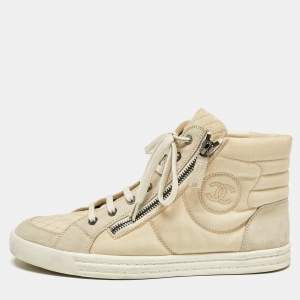 Pre Owned Chanel Cream Fabric and Suede CC Side Zip High Top Sneakers Size 39