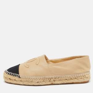 Chanel Beige/Black Leather  and Canvas CC Cap Toe Espadrille Flats Size 38