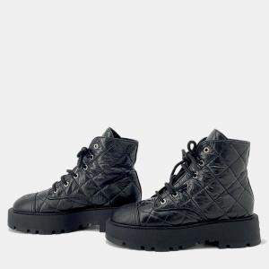 Chanel Black Matelasse Lambskin Combat Boots 38C