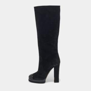 Chanel Black Suede Cap Toe Platform Knee Length Boots Size 40