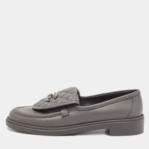 Chanel Grey Quilted Leather CC Turnlock Loafers Size 40.5