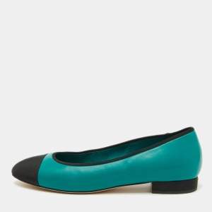 Pre Owned Chanel Green/Black Leather and Canvas Cap Toe Ballet Flats Size 40.5