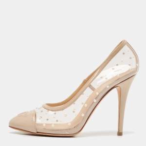 Chanel Beige Patent Leather and PVC Pearl Embellished CC Cap Toe Pumps Size 39