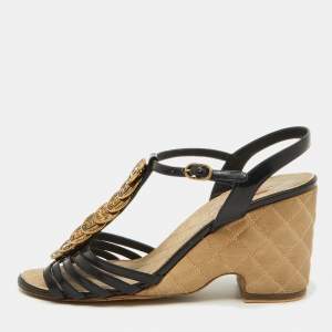 Chanel Black Patent Leather CC Coin T-Strap Wedge Sandals Size 39