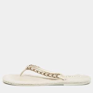 Pre Owned Chanel White Leather CC Chain Thong Flats Size 38