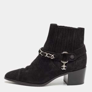 Chanel Black Suede CC Chain Detail Block Ankle Boots Size 35