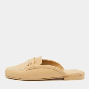 Chanel Beige Leather CC Pearl Embellished Flat Mules Size 37.5