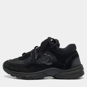 Pre Owned Chanel Black Suede and Fabric CC Low Top Sneakers Size 37