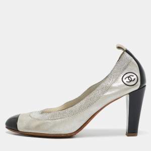 Pre Owned Chanel Silver/Black Leather and Elastic Lurex CC Scrunch Ballet Pumps Size 39