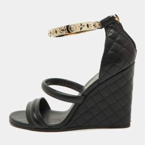 Chanel Black Leather Charm Embellished Ankle Cuff Wedge Sandals Size 39