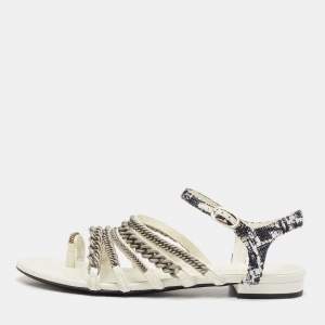 Chanel White Leather Chain Link Detail Strappy Flat Sandals Size 38