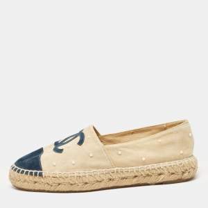 Chanel Blue/Beige Suede CC Cap Toe Espadrille Flats Size 37