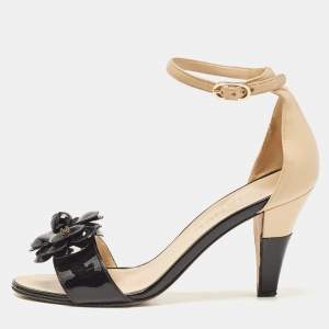 Chanel Black/Beige  Patent Leather Camellia Ankle Strap Sandals Size 37
