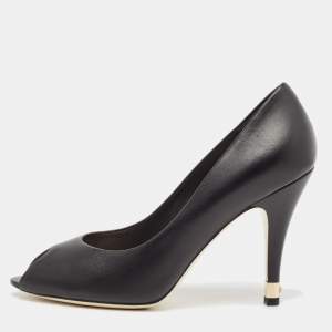 Pre Owned Chanel Black Leather Peep Toe CC Pearl Heel Pumps Size 38.5