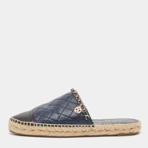 Chanel Navy Blue/Black Leather CC Chain Detail Espadrille Mules Size 39