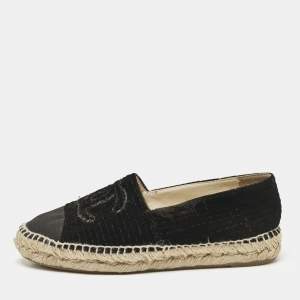 Pre Owned Chanel Black Velvet and Grosgrain Cap Toe CC Espadrille Flats Size 37