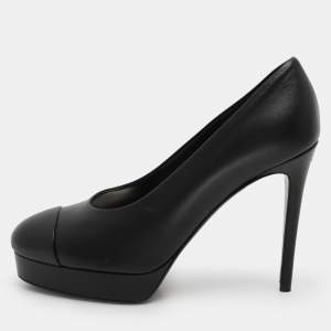 Pre Owned Chanel Black Leather CC Cap Toe Platform Pumps Size 40.5