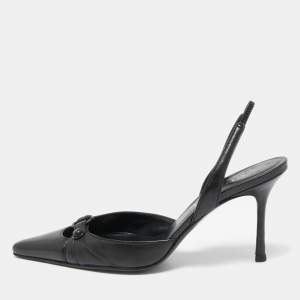 Pre Owned Chanel Black Leather Pointed Toe Slingback Pumps Size 38.5