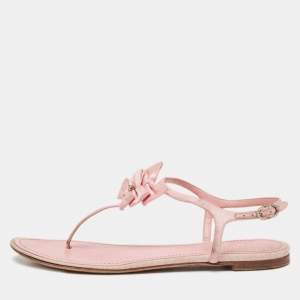 Chanel Pink Satin Bow Embellished Thong Sandals Size 39