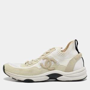 Pre Owned Chanel White Knit Fabric and Suede Lace Up Sneakers Size 38.5