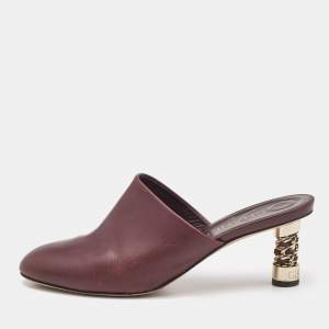 Chanel Burgundy Leather Chain Detail Heel Mules Size 39.5