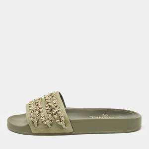 Pre Owned Chanel Green Canvas Tropiconic Chain Link Flat Slides Size 39
