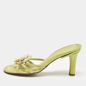 Chanel Metallic Green Suede Pearl Embellished Camellia Slide Sandals Size 37