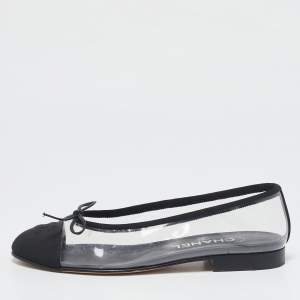 Chanel Black/Transparent PVC and Fabric CC Cap Toe Bow Ballet Flats Size 37.5