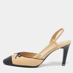 Pre Owned Chanel Beige/Black Leather Cap Toe CC Bow Slingback Pumps Size 37