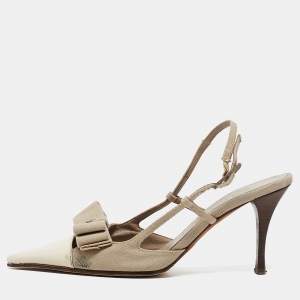 Pre Owned Chanel White/Grey Canvas and Leather CC Bow Slingback Pumps Size 37
