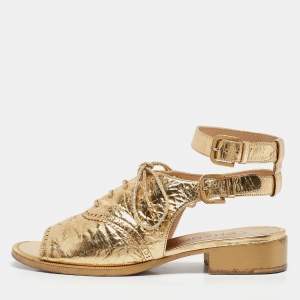 Chanel Gold Brogue Leather Lace Up Ankle Strap Sandals Size 37