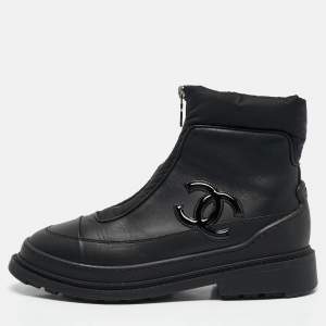 Chanel Black Leather and Nylon CC Ankle Length Boots Size 39