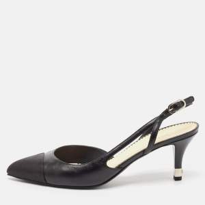 Pre Owned Chanel Black Leather Cap Toe Slingback Pumps Size 39