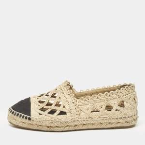 Chanel Beige/Black Laser Cut Raffia and CC Canvas Cap Toe Espadrille Flats Size 37