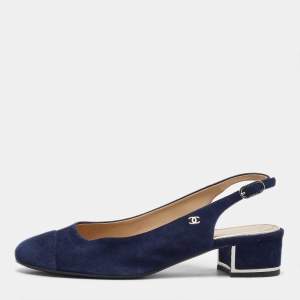 Chanel Navy Blue Suede Cap Toe CC Slingback Pumps Size 38