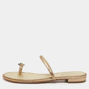 Chanel Metallic Gold Leather Enamel Embellished Toe Ring Flat Sandals Size 40