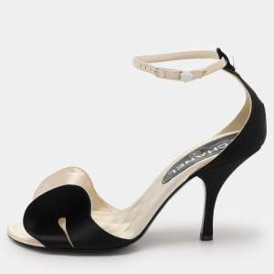 Chanel Cream/Black Satin Bow Ankle Strap Sandals Size 36