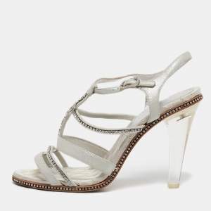 Chanel Silver Suede Crystal Embellished CC Strappy Sandals Size 40