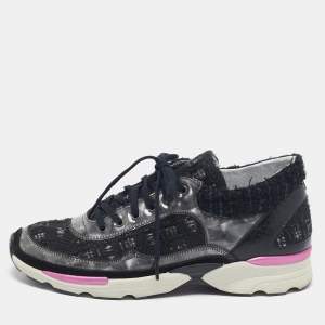 Chanel Black/Grey Tweed and PVC CC Low Top Sneakers Size 38