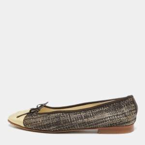 Pre Owned Chanel Tricolor Raffia and Leather CC Cap Toe Bow Ballet Flats Size 37.5