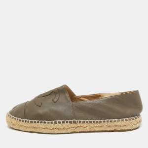 Chanel Olive Green Leather CC Cap Toe Logo Espadrille Flats Size 41