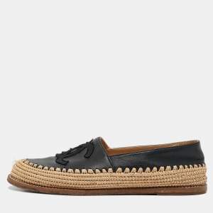 Chanel Beige/Black Leather and Raffia CC Espadrille Flats Size 36