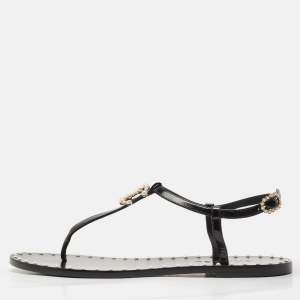Pre Owned Chanel Black Patent and Leather CC Pearl Embellished Flat Thong Sandals Size 39.5