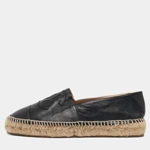 Chanel Black Leather CC Cap Toe Espadrille Flats Size 39