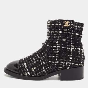 Chanel Multicolor Tweed Fabric And Leather Ankle Combat Boots Size 39