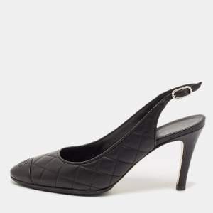 Chanel Black Quilted Leather CC Cap Toe Slingback Pumps Size 38.5