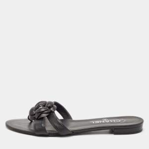 Chanel Black Leather Camellia Accent Slides Size 39